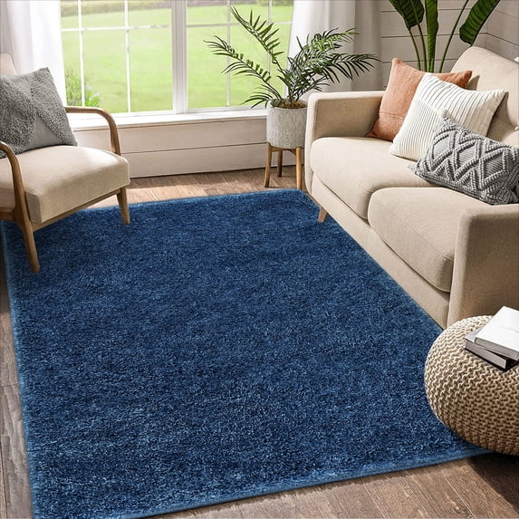 GlowSol 12' x 18' Fluffy Shag Rug Non-Shedding Non Slip Fuzzy Plush Rug Contemporary Shaggy Carpet for Living Room Bedroom Dorm, Navy Blue