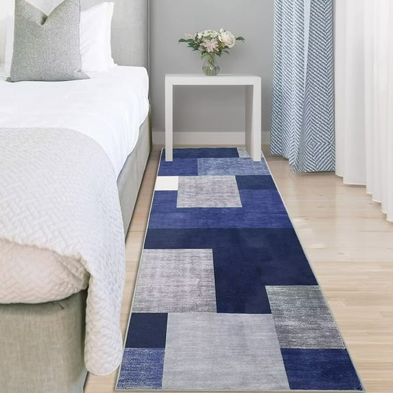 GlowSol Geometric Navy Blue Runner Rug, 27" x 96", Non-Slip