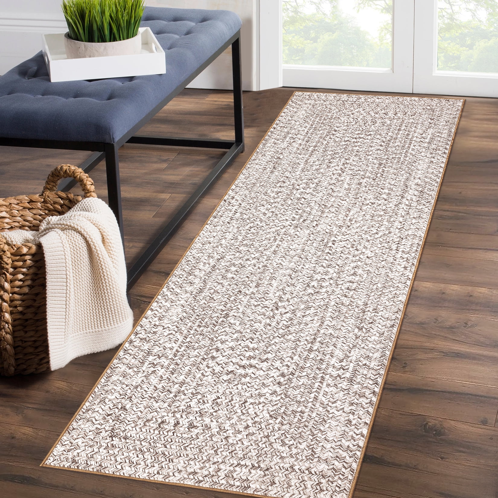 GlowSol 2' x 10' Runner Rug Modern Braided Print Rugs Non-Slip Low Pile Bedroom Runner Rug Washable Floor Mat for Kitchen Hallway, Beige Gray