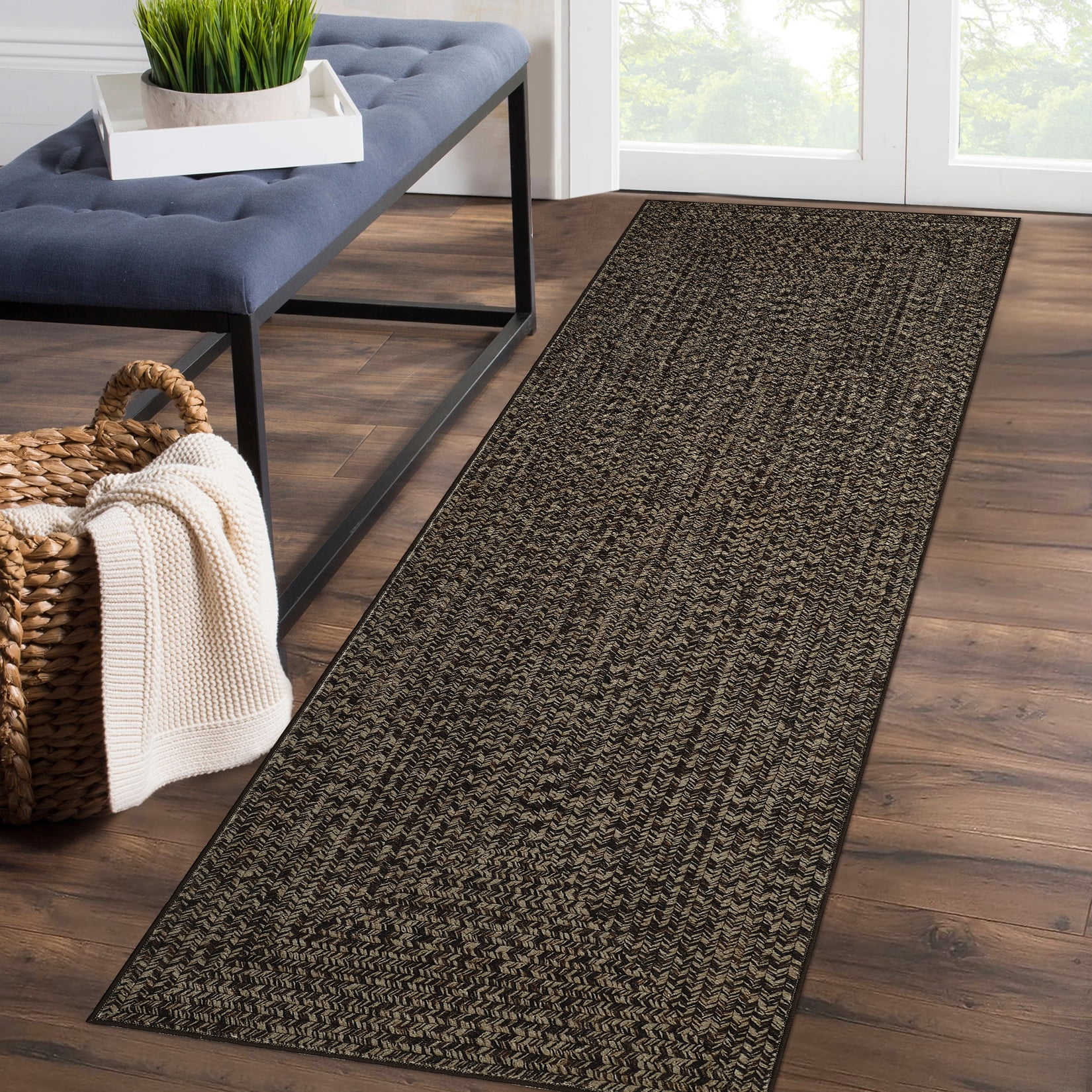 GlowSol 2' x 10' Runner Rug Modern Braided Print Rugs Non-Slip Low Pile Bedroom Runner Rug Washable Floor Mat for Kitchen Hallway, Black Brown