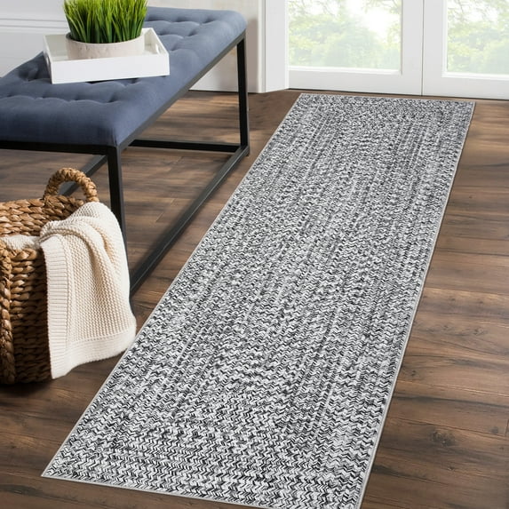 GlowSol 2' x 10' Runner Rug Modern Braided Print Rugs Non-Slip Low Pile Bedroom Runner Rug Washable Floor Mat for Kitchen Hallway, Gray