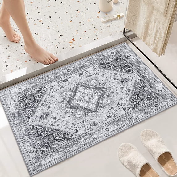 GlowSol 2' x 3' Anti-Slip Small Area Rug Floral Print Doormat Vintage Persian Medallion Rug Soft Low-Pile Foldable Rug for Kitchen Bathroom, Grey