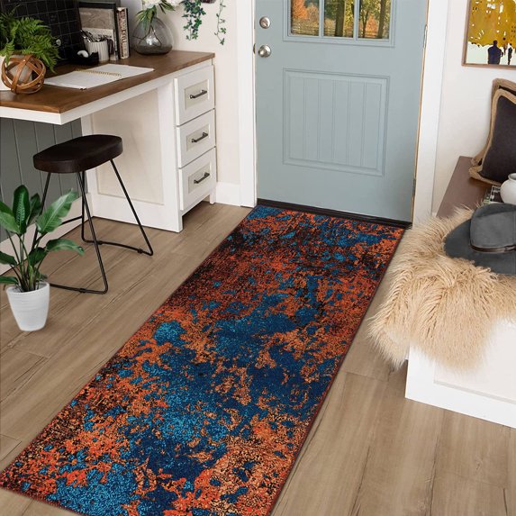 GlowSol 2' x 6' Abstract Runner Rug Washable Modern Hallway Runner Rug Non-Slip Low Pile Kitchen Mat Entryway Runners for Doorway Bedside, Blue/Red
