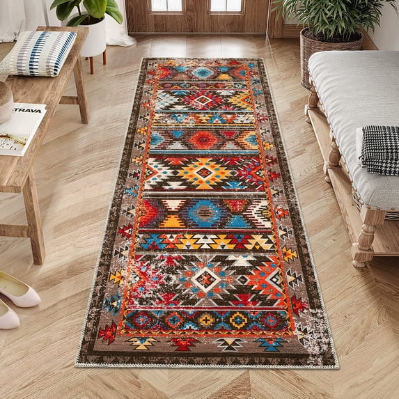 GlowSol 2' x 6' Boho Kitchen Runner Rug Boho Tribal Rug Geometric Moroccan Throw Runners Non-Slip Stain-Resistant Floor Mat for Laundry Hallway, Brown/Multi