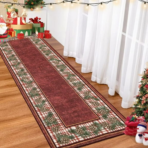 GlowSol 2' x 6' Christmas Pine Cones Runner Rug Washable Xmas Rug Festival Kitchen Hallway Soft Indoor Floor Cover for Laundry Room, Red