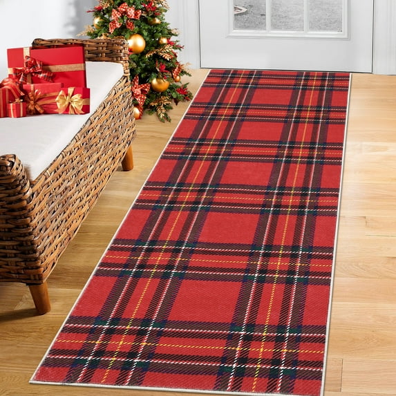 GlowSol 2' x 6' Christmas Runner Rug Buffalo Plaid Runner Rug Kitchen Hallway Gingham Check Rug Non-Slip Bedroom Floor Cover for Laundry Room, Red