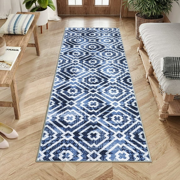 GlowSol 2' x 6' Hallway Runner Rug Contemporary Geometric Rug Non-Slip Non-Shedding Moroccan Runner Rug Indoor Floor Carpet for Kitchen Laundry, Blue