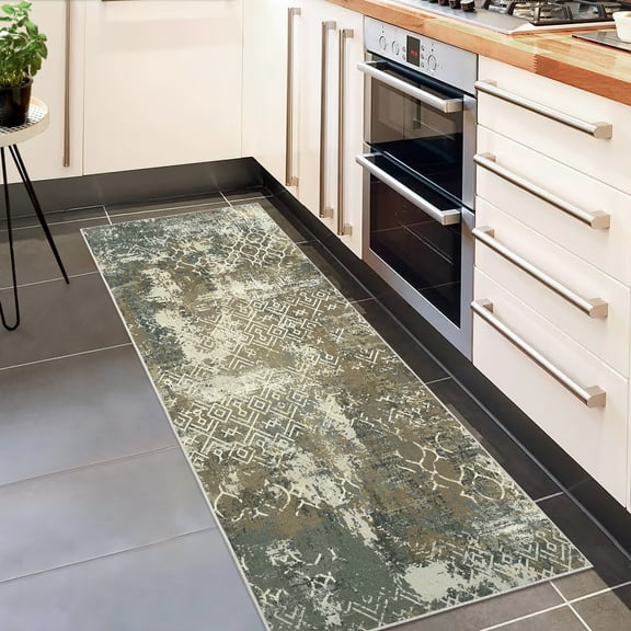 GlowSol 2' x 6' Hallway Runner Rug Kitchen Modern Abstract Geometric Rugs Non Slip Low Pile Bedroom Rugs for Laundry Room Kitchen, Greenish Brown
