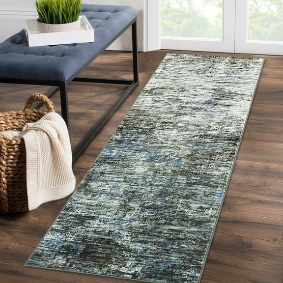 GlowSol 2' x 6' Hallway Runner Rug Modern Abstract Runner Rug Non-Slip Bedroom Floor Mat for Laundry Room Kitchen, Blue Gray