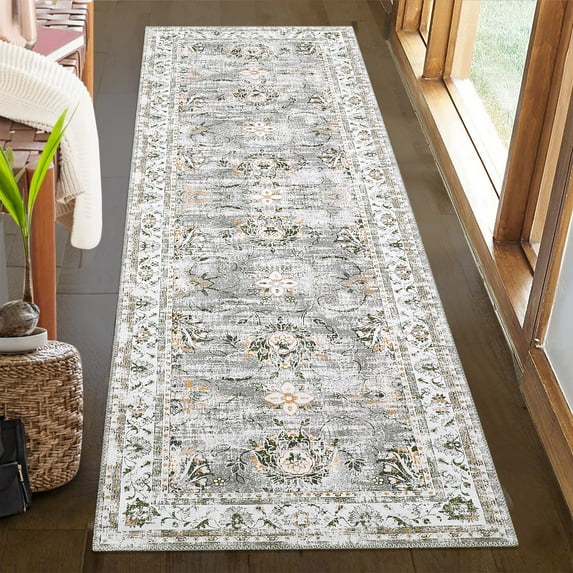 GlowSol 2' x 6' Hallway Runner Rug Persian Rug Vintage Floral Distressed Runners Anti-Slip Low Pile Soft Foldable Floor Carpet for Kitchen Laundry, Green/Grey