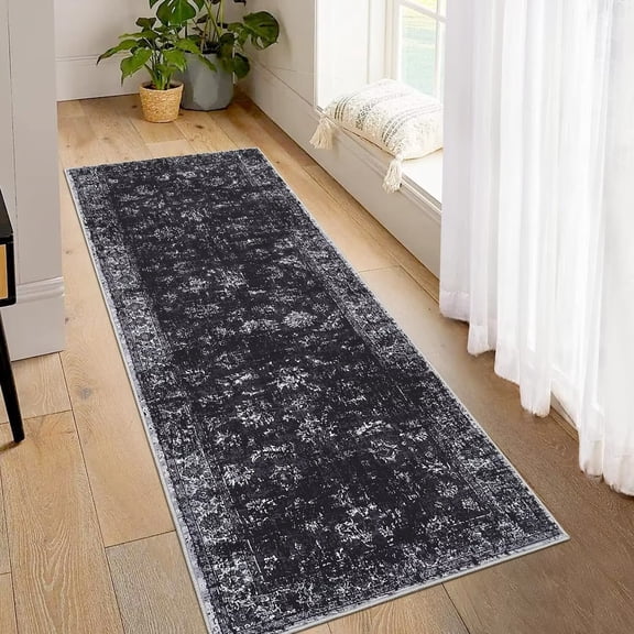 GlowSol 2' x 6' Hallway Runner Rug Vintage Distressed Floral Rugs Non-Slip Kitchen Bedroom Rug for Laundry Room, Black