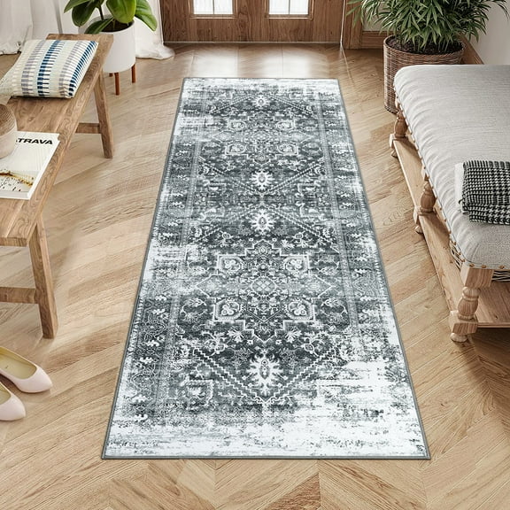 GlowSol 2' x 6' Hallway Runner Rug Washable Distressed Vintage Rug Long Persian Rug Non-Shedding Non-Slip Carpet for Kitchen Laundry Room, Gray