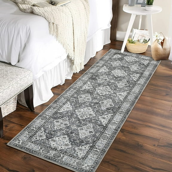 GlowSol 2' x 6' Kitchen Runner Rug Boho Vintage Floral Rugs Non Slip Bedroom Rugs for Laundry Room Hallway, Gray