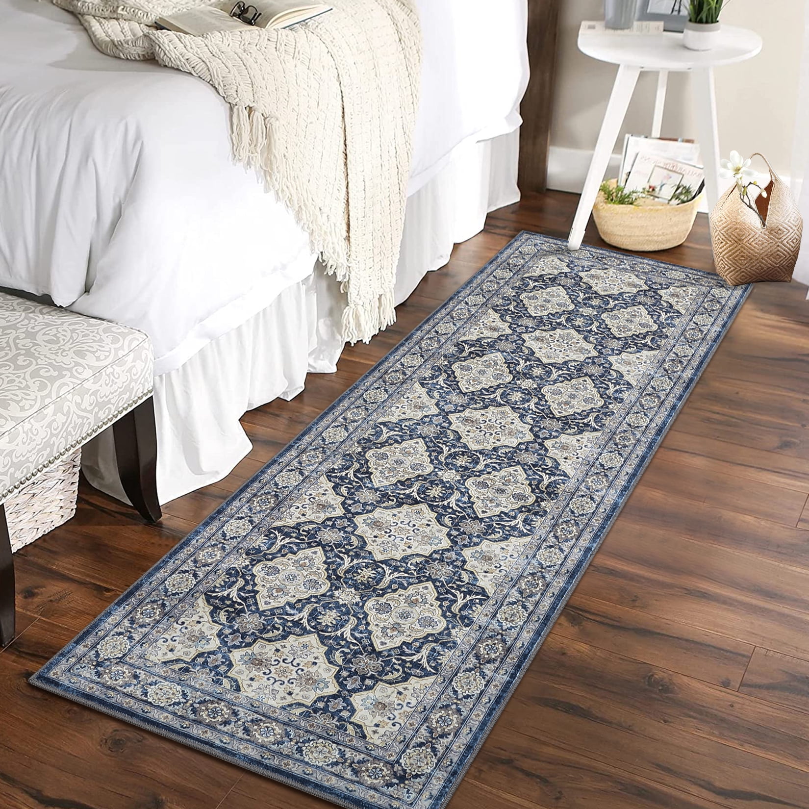 GlowSol 2' x 6' Kitchen Runner Rug Boho Vintage Floral Rugs Non Slip Bedroom Rugs for Laundry Room Hallway, Navy Blue