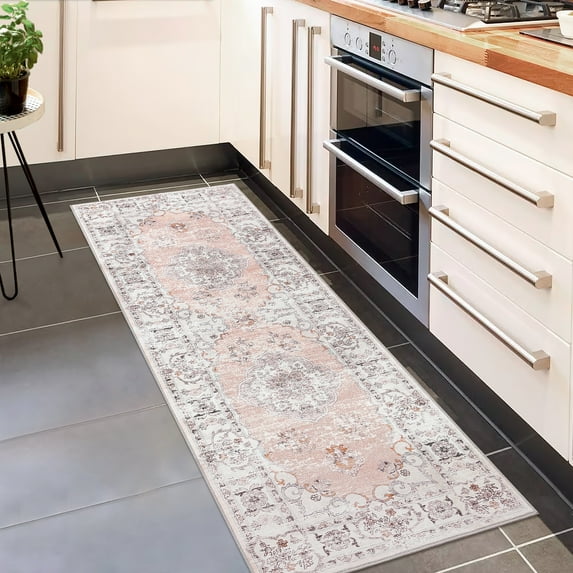 GlowSol 2' x 6' Kitchen Runner Rug Boho Vintage Floral Rugs Non Slip Low Pile Bedroom Rugs for Laundry Room Hallway, Pink