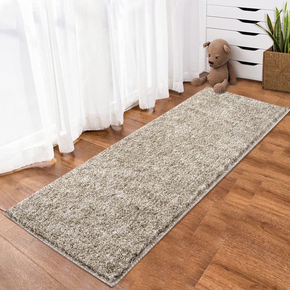 GlowSol 2' x 6' Kitchen Runner Rug Modern Space-Dyed Shaggy Rug Fluffy Shag Hallway Runner Rug Non-Shedding Non Slip Mat for Bedside, Taupe