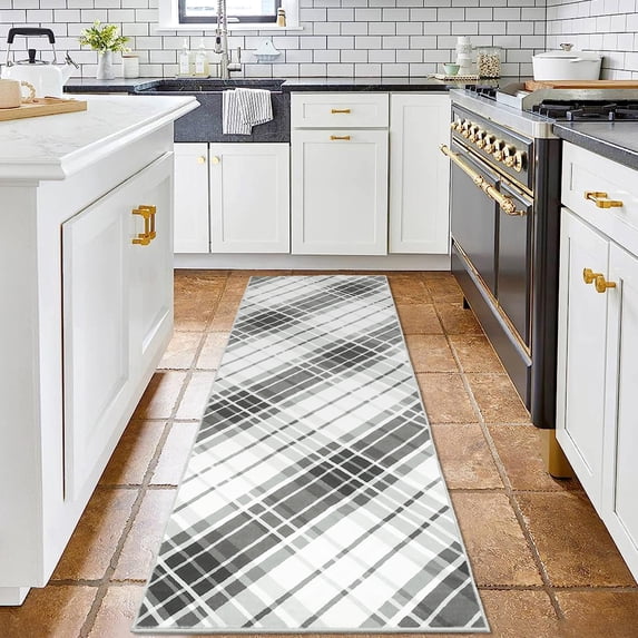 GlowSol 2' x 6' Long Runner Rug Bedroom Rug Modern Plaid Geometric Rug Farmhouse Stripe Rug Indoor Low Pile Non-Slip Rug for Laundry Kitchen, Black Gray