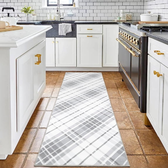 GlowSol 2' x 6' Long Runner Rug Bedroom Rug Modern Plaid Geometric Rug Farmhouse Stripe Rug Indoor Low Pile Non-Slip Rug for Laundry Kitchen, Light Gray