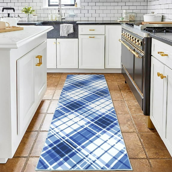 GlowSol 2' x 6' Long Runner Rug Bedroom Rug Modern Plaid Geometric Rug Farmhouse Stripe Rug Indoor Low Pile Non-Slip Rug for Laundry Kitchen, Blue