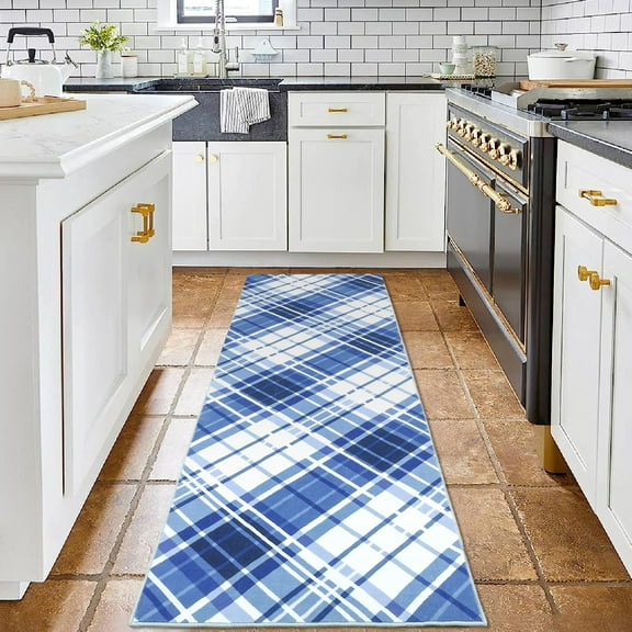 GlowSol 2' x 6' Long Runner Rug Bedroom Rug Modern Plaid Geometric Rug Farmhouse Stripe Rug Indoor Low Pile Non-Slip Rug for Laundry Kitchen, Blue