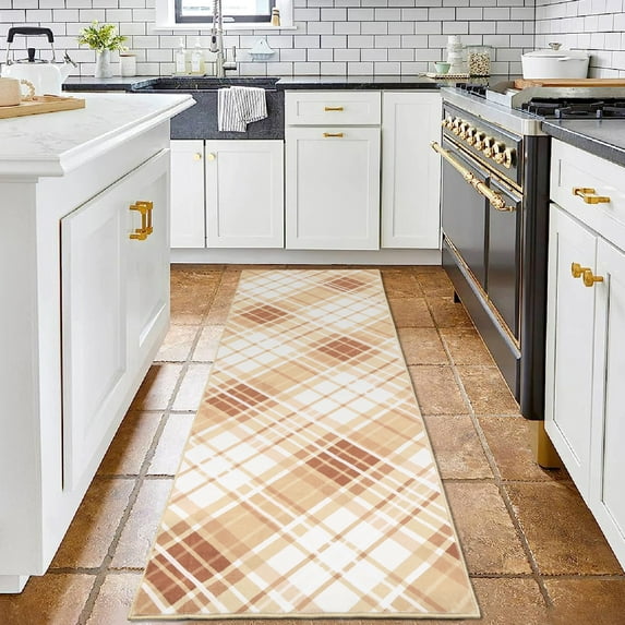 GlowSol 2' x 6' Long Runner Rug Bedroom Rug Modern Plaid Geometric Rug Farmhouse Stripe Rug Indoor Low Pile Non-Slip Rug for Laundry Kitchen, Taupe
