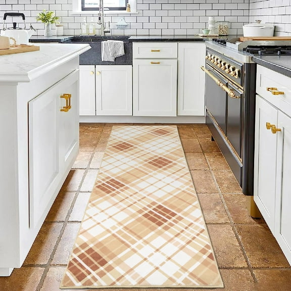 GlowSol 2' x 6' Long Runner Rug Bedroom Rug Modern Plaid Geometric Rug Farmhouse Stripe Rug Indoor Low Pile Non-Slip Rug for Laundry Kitchen, Taupe