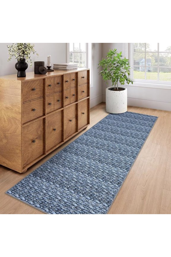 2' x 6' Long Runner Rug Modern Braided Print Rug Washable Rug Anti-Slip Bedroom Kitchen Rugs for Hallway, Gray Blue