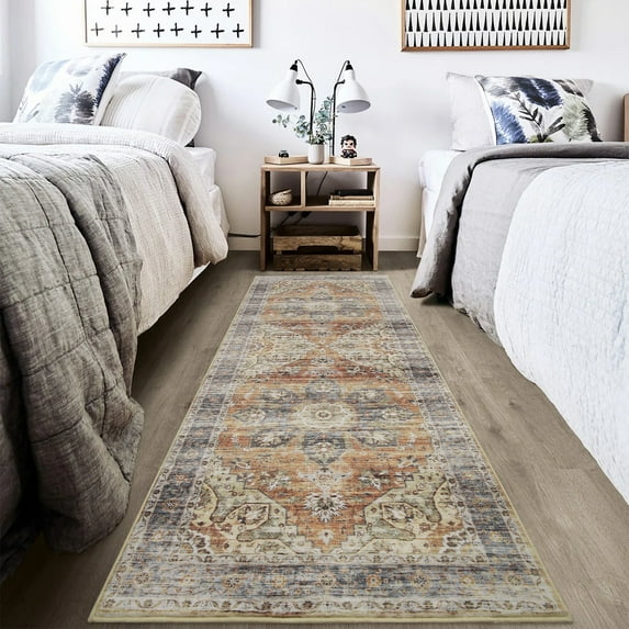 GlowSol 2' x 6' Machine Washable Runner Rug Persian Traditional Area Rugs Carpet Farmhouse Velvet Foldable Accent Rug for Hallway Kitchen, Brown