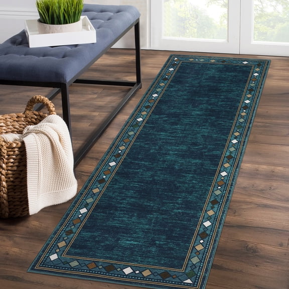 GlowSol 2' x 6' Modern Bordered Hallway Runner Rug Indoor Washable Bedsides Carpet Contemporary Geometric Chic Border Accent Rug for Bedroom, Blue Green