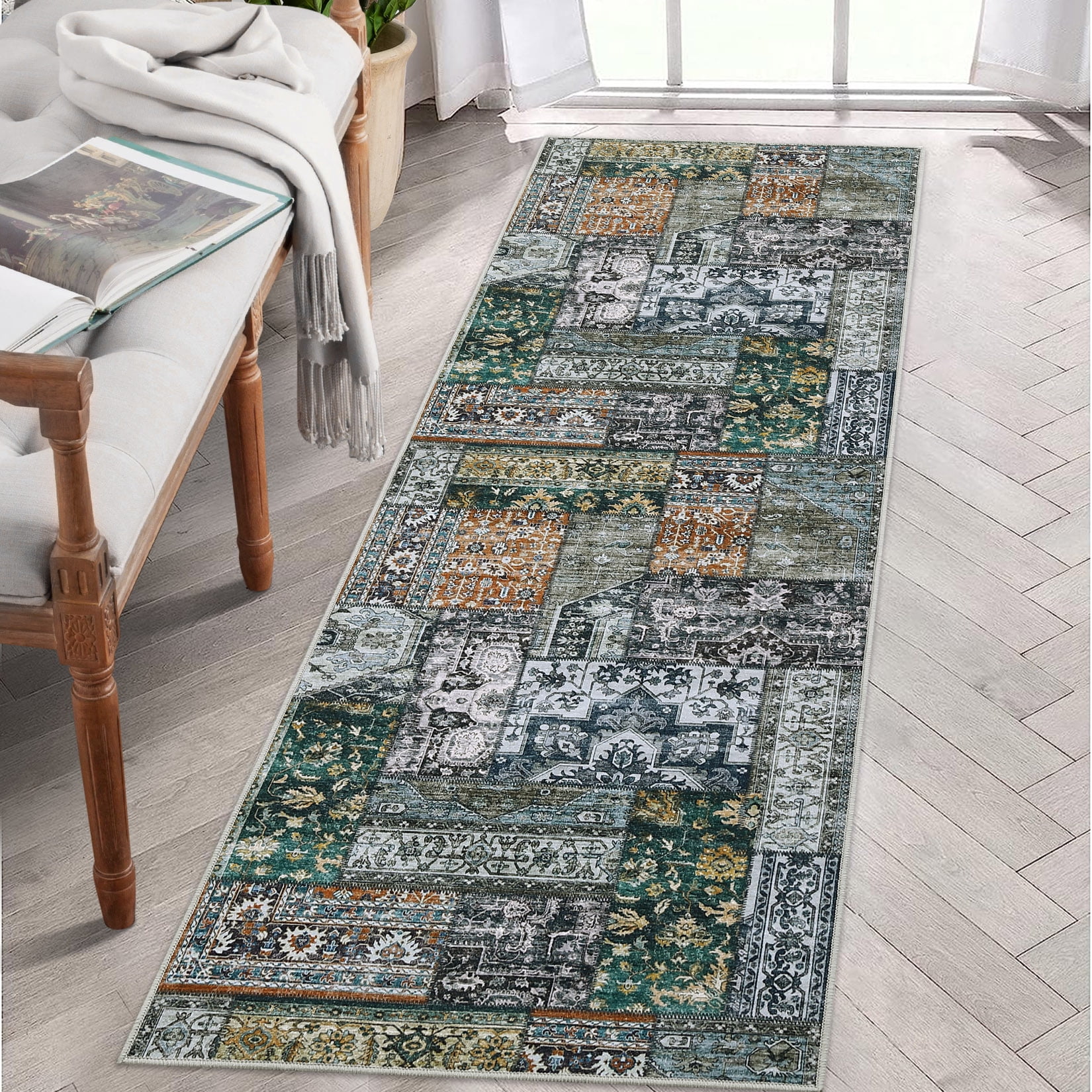 GlowSol 2' x 6' Patchwork Runner Rug Traditional Vintage Floral Print