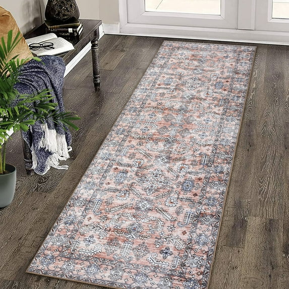 GlowSol 2' x 6' Runner Rug Boho Vintage Floral Print Rug Tribal Rug Indoor Hallway Kitchen Runner Rug Non-Slip Low Pile Bedsides Rug for Bedroom, Pink