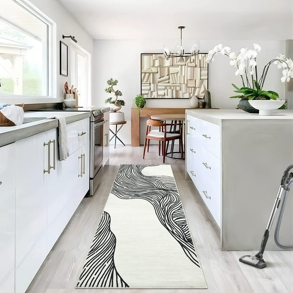 GlowSol 2' x 6' Runner Rug Modern Abstract Runner Rug Indoor Soft Non-Slip Low Pile Runner Rug for Laundry Room Kitchen, Cream Black