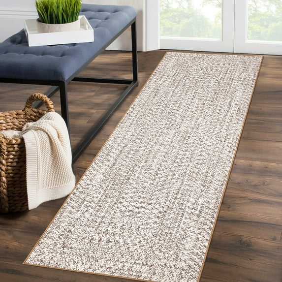 GlowSol 2' x 6' Runner Rug Modern Braided Print Rugs Non-Slip Low Pile Bedroom Runner Rug Washable Floor Mat for Kitchen Hallway, Beige Gray