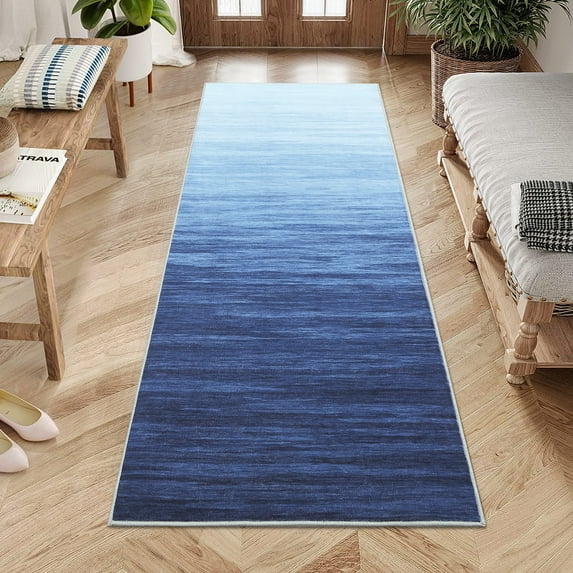 GlowSol 2' x 6' Runner Rug Modern Ombre Rug Indoor Washable Bedsides Runner Rug Non-Skid Low Pile Floor Mats for Bedroom Laundry Hallway, Blue