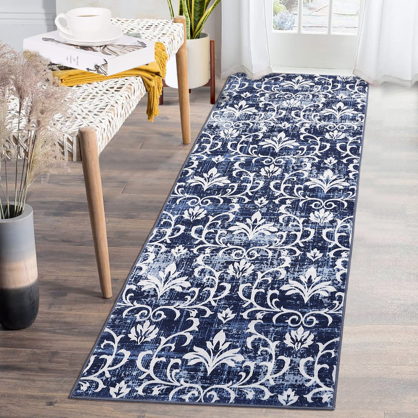 GlowSol 2' x 6' Runner Rug Vintage Damask Floral Runner Rug NonSlip Bedsides Throw Rugs Soft