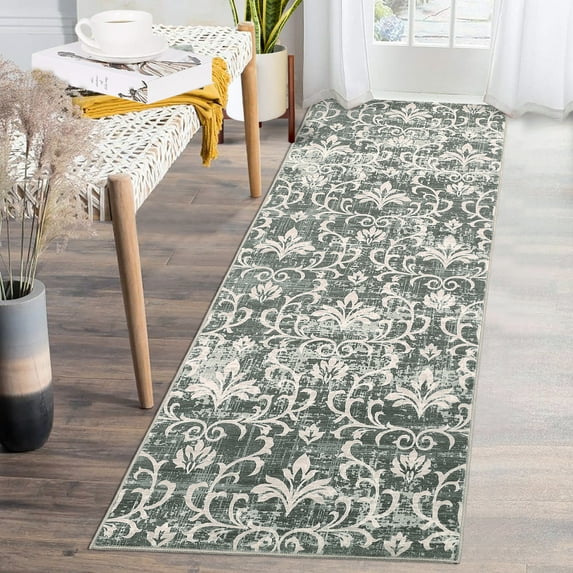 GlowSol 2' x 6' Runner Rug Vintage Damask Floral Runner Rug Non-Slip Bedsides Throw Rugs Soft Stain Resistant Floor Mat for Laundry Hallway Kitchen, Greenish Grey