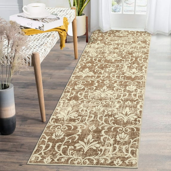 GlowSol 2' x 6' Runner Rug Vintage Damask Floral Runner Rug Non-Slip Bedsides Throw Rugs Soft Stain Resistant Floor Mat for Laundry Hallway Kitchen, Khaki