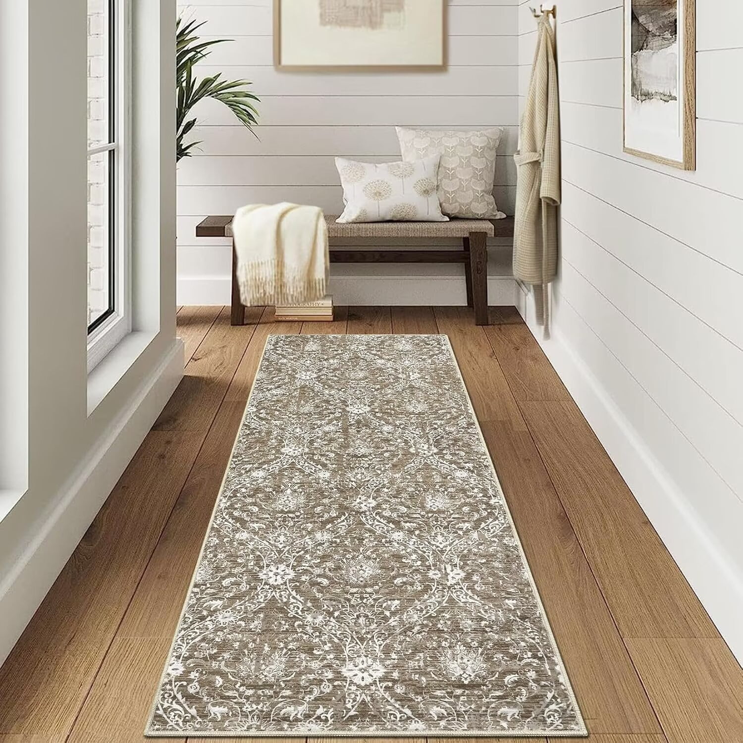 GlowSol 2' x 6' Runner Rug Vintage Medallion Rugs Floral Rug Non-Slip Bedroom Area Rugs for Kitchen Hallway, Brown