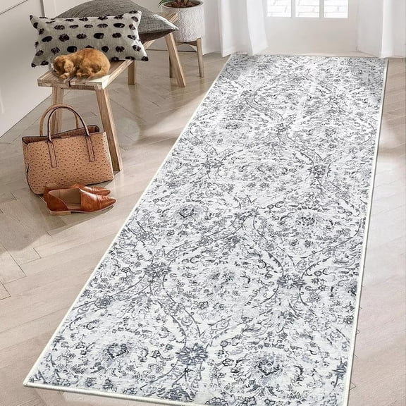 GlowSol 2' x 6' Runner Rug Vintage Medallion Rugs Floral Rug Non-Slip Bedroom Area Rugs for Kitchen Hallway, Gray Beige