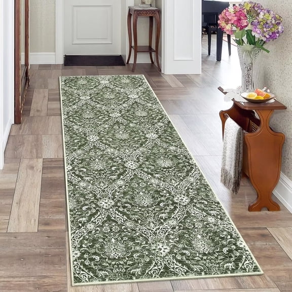 GlowSol 2' x 6' Runner Rug Vintage Medallion Rugs Floral Rug Non-Slip Bedroom Area Rugs for Kitchen Hallway, Green