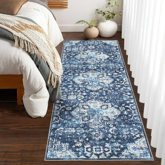 GlowSol 2' x 6' Runner Rug Vintage Persian Rug Indoor Washable Bedsides Runner Rug Non-Skid Low Pile Floor Mats for Bedroom Laundry Hallway, Navy Blue