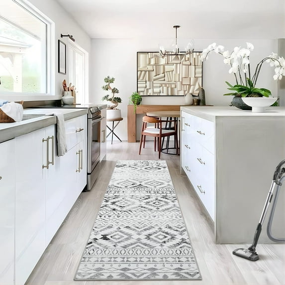 GlowSol 2' x 6' Vintage Boho Runner Rug Kitchen Hallway Runners Non Slip Bedroom Runner Rug Indoor Geometric Floor Mat for Laundry, Gray