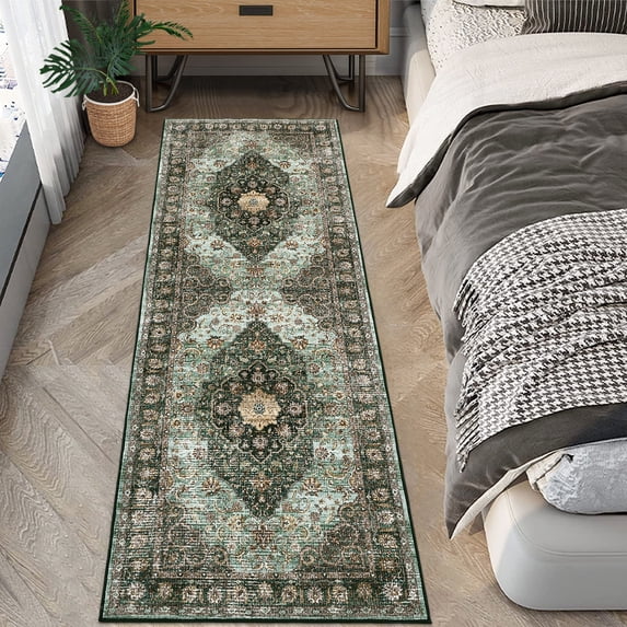 GlowSol 2' x 6' Vintage Floral Runner Rug Non Slip Bedroom Runner Rug Distressed Floor Carpet for Laundry Room, Green