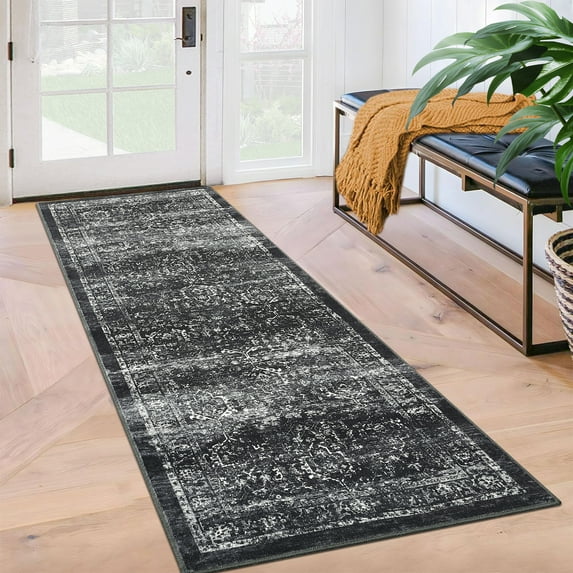 GlowSol 2' x 6' Vintage Hallway Runner Rugs Floral Washable Rug Low Pile Non-Slip Bedroom Floor Mat for Laundry, Black