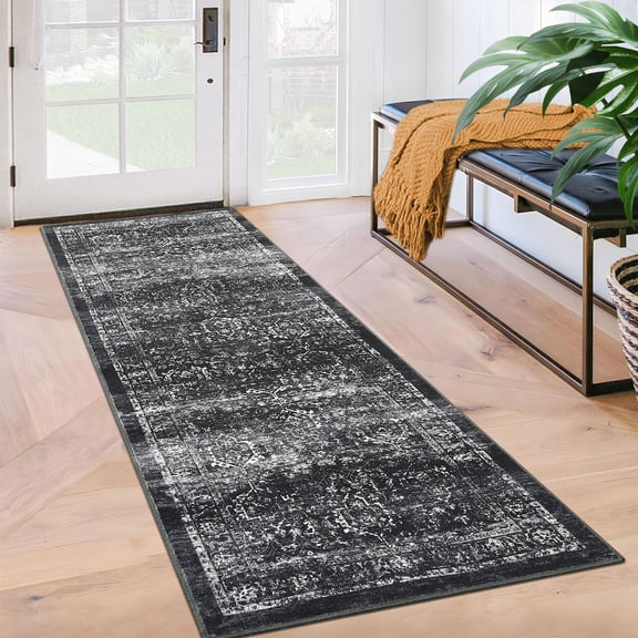 GlowSol 2' x 6' Vintage Hallway Runner Rugs Floral Washable Rug Low Pile Non-Slip Bedroom Floor Mat for Laundry, Black