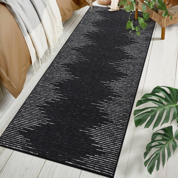 GlowSol 2' x 6' Washable Runner Rug Geometric Striped Rug Ruuner Soft Non Slip Bedroom Throw Carpet for Living Room, Black