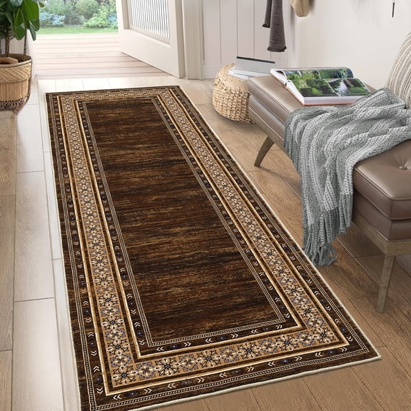 GlowSol 2' x 6' Washable Runner Rug Modern Bordered Rug Floral Rug Non Slip Bedroom Runner for Laundry Room Kitchen, Red Brown