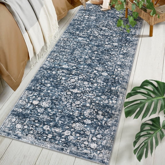 GlowSol 2' x 6' Washable Runner Rug Vintage Non Slip Bedroom Rugs Floral Indoor Entryway Runner Rug for Hallway Laundry, Blue