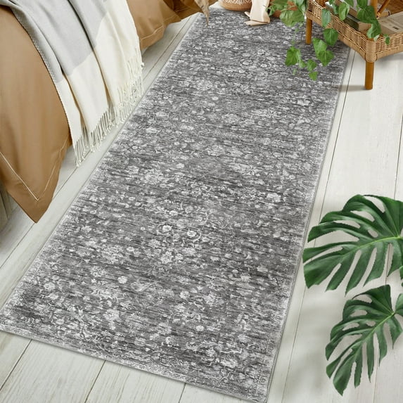 GlowSol 2' x 6' Washable Runner Rug Vintage Non Slip Bedroom Rugs Floral Indoor Entryway Runner Rug for Hallway Laundry, Gray