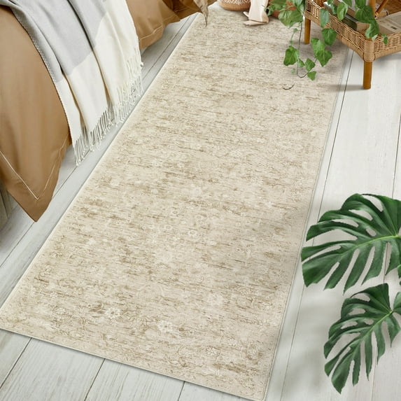 GlowSol 2' x 6' Washable Runner Rug Vintage Non Slip Bedroom Rugs Floral Indoor Entryway Runner Rug for Hallway Laundry, Taupe